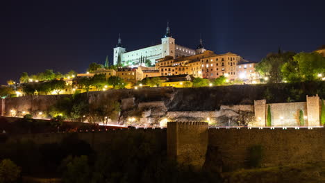 Night-Close-up-timelapse-of-Toledo-Alcazar,-Spain