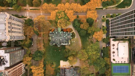 Chicago-mansion-in-Gold-Coast-aerial-view-looking-down-during-autumn
