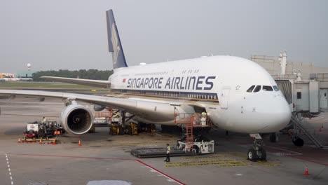 Singapore-Airlines-A380-Con-Cargador-De-Carga-Junto-A-La-Puerta-Del-Compartimento-De-Carga