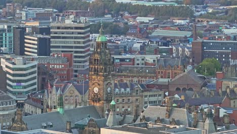 Aerial-view-of-Sheffield-City-with-old-Cathedral-in-old-town-during-sunny-day---Panorama-wide-shot