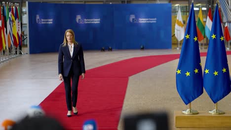 President-of-the-European-Parliament-Roberta-Metsola-arriving-on-the-red-carpet-at-the-European-Council-summit-in-Brussels,-Belgium---Slow-motion