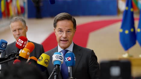 Dutch-Prime-Minister-Mark-Rutte-giving-a-statement-during-the-European-Council-summit-in-Brussels,-Belgium---Slow-motion