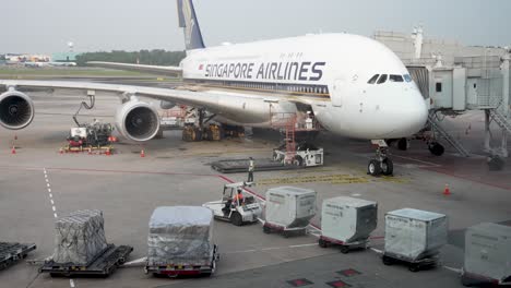 Baggage-Tug-Pulling-Cargo-Containers-Beside-Parked-Singapore-Airlines-A380-At-Changi-Airport