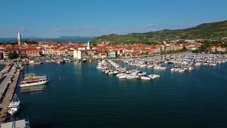 Establishing-Drone-View-of-Harbor-in-Seaside-Town-Izola,-Slovenia