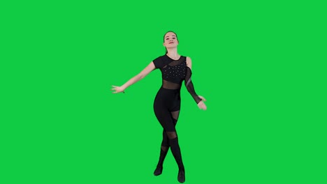 Attractive-Woman-Dancer-in-Black-Bodysuit-dancing-in-front-of-a-Green-screen