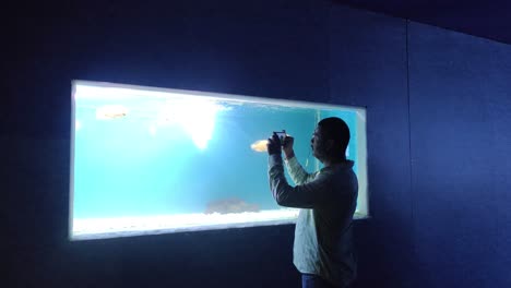 A-young-boy-is-photographing-fish-in-an-aquarium