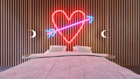 Schickes-Modernes-Schlafzimmer-Mit-Großem-LED-Lichtherz-An-Der-Wand