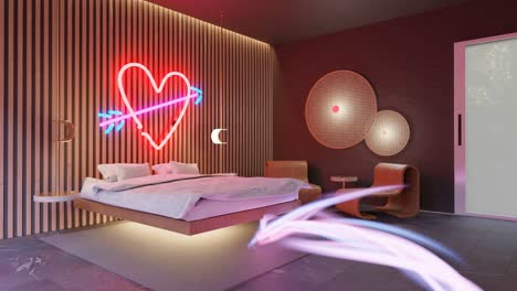 Flitterwochen-Motel-Hotelzimmer-Mit-LED-Herz-Und-Energiefluss-Rund-Um-Das-Schlafzimmer,-3D-Rendering-Animation