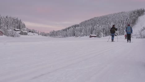 Primer-Plano-Estático-De-Esquiadores-De-Fondo-En-El-Lago-Congelado-Mylla-En-Noruega