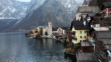 Austria-Hotspot-Turístico-Lago-Hallstatt-Patrimonio-De-La-Unesco-Antena-De-Invierno