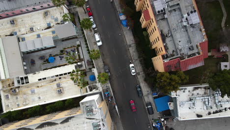 Drone-shot-over-urban-encampments-and-streets-of-the-Skid-Row-district-in-LA