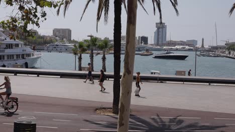 Barcelona-Marina-during-the-day-with-people-passing-by