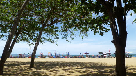 View-of-a-beachfront-with-from-under-the-shades-of-trees-looking-at-colorful-banners-on-wooden-poles-blown-by-the-wind-alongside-beach-umbrellas