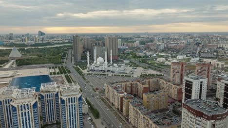 Hazrat-Sultan-Mosque-Next-To-Kazakh-Eli-Square-At-Sunset-In-Astana,-Kazakhstan