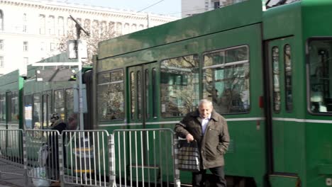 Typical-green-tram-circulating-through-the-Santa-Sofia-statue-area-of-​​Bulgaria