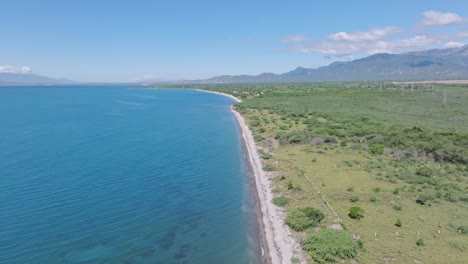 Vuelo-De-Drones-Sobre-La-Playa-De-Arena-De-Ocoa-Y-El-Mar-Caribeño-Azul-Con-Paisajes-Verdes-En-Verano