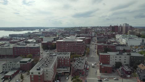 Aerial-Circling-Around-Downtown-City-Buildings-and-Streets-of-Portland,-Maine