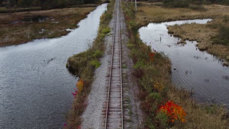Autumn-Trees-by-Androscoggin-River-Railroad-Tracks,-Aerial-Pan-Up-Reveal