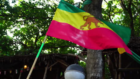 Colorful-flag-of-cannabis-in-Thailand,-handheld-view