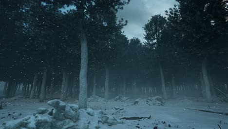 Ein-Dunkler,-Unheimlicher-Kiefernwald-Im-Winter,-Mit-Nebel,-Fallendem-Und-Den-Boden-Bedeckendem-Schnee-Und-Bewölktem-Himmel,-3D-Animation,-Animierte-Szenerie,-Kameraschwenk-Von-Links-Nach-Rechts