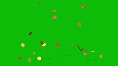 Glowing-gold-coins-falling-on-green-screen-from-the-top-of-the-frame-and-bouncing-with-shadows,-3D-animation