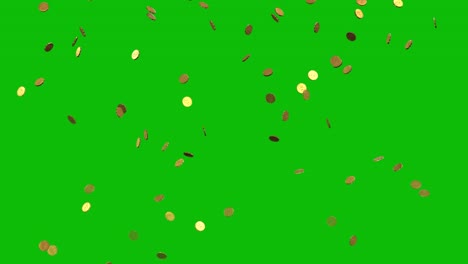 Glowing-gold-coins-falling-from-the-top-of-the-frame-on-green-screen-3D-animation