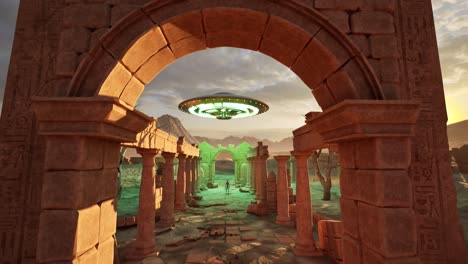 Ein-UFO,-Das-Bunte-Lichter-Wirft-Und-Bei-Sonnenuntergang-über-Antiken-Tempelruinen-In-Der-Wüste-Schwebt,-Mit-Einem-Außerirdischen,-Der-Untätig-Am-Ende-Des-Tempels-Steht-Und-Zuschaut,-3D-Animation,-Kamerawagen-Nach-Oben