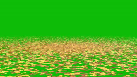 Visual-effects,-VFX,-fallen-autumn-leaves-on-green-screen-starting-blowing-by-air,-3D-animation