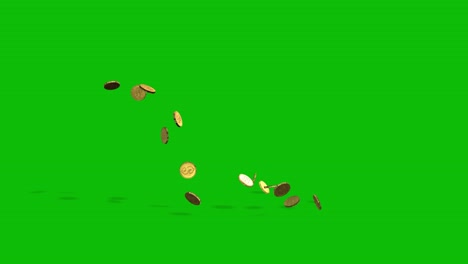 Glowing-gold-coins-falling-and-bouncing-on-green-screen-3D-animation