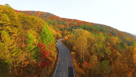 FPV-drone-flying-fast-over-a-highway-full-of-Fall-colors-as-cars-drive-by