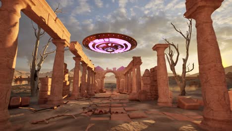 Ein-UFO,-Das-Bunte-Lichter-Wirft-Und-Bei-Sonnenuntergang-über-Antiken-Tempelruinen-In-Der-Wüste-Schwebt,-Mit-Einem-Außerirdischen,-Der-Untätig-Am-Ende-Des-Tempels-Steht-Und-Zuschaut,-3D-Animation,-Kamerazoom