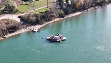 Sunny-Days-and-Fall-Hues:-Aerial-Views-of-Thompson-River-with-Cable-Ferry-near-Little-Fort