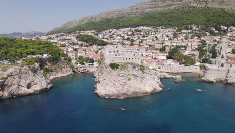 Aerial-view-of-Fort-Lovrijenac-on-sea-cliff-outside-the-city-walls-in-Dubrovnik,-Croatia