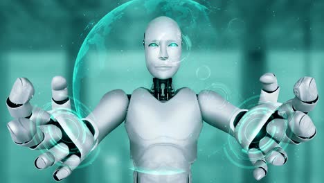 Robot-Hominoide-Ai-Sosteniendo-Una-Pantalla-De-Holograma-Virtual-Que-Muestra-El-Concepto-De-Big-Data