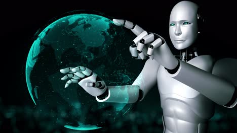 KI-Hominoid-Roboter-Berührt-Virtuellen-Hologramm-Bildschirm,-Der-Das-Konzept-Von-Big-Data-Zeigt