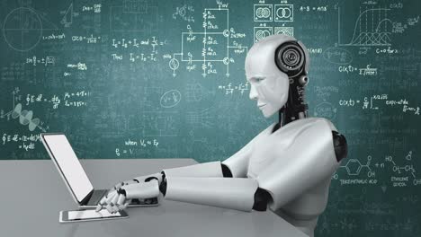 Robot-Hominoide-Usa-Computadora-Portátil-Y-Se-Sienta-En-La-Mesa-Para-Estudiar-Ciencias-De-Ingeniería