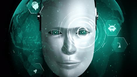 Roboter-Hominoid-Gesicht,-Nahaufnahme-Mit-Grafischem-Konzept-Des-KI-denkenden-Gehirns