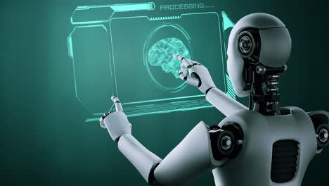 Robot-Hominoide-Ai-Tocando-Una-Pantalla-De-Holograma-Virtual-Que-Muestra-El-Concepto-De-Cerebro-Ai