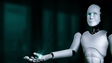Robot-Hominoide-Ai-Que-Sostiene-Una-Pantalla-De-Holograma-Muestra-El-Concepto-De-Comunicación-Global