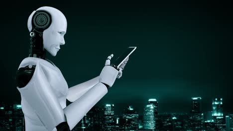 Robot-hominoid-use-mobile-phone-or-tablet-for-global-network-connection