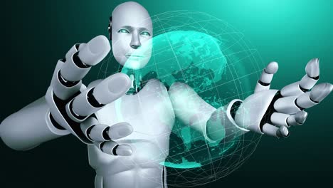 Robot-Hominoide-Ai-Que-Sostiene-Una-Pantalla-De-Holograma-Muestra-El-Concepto-De-Comunicación-Global