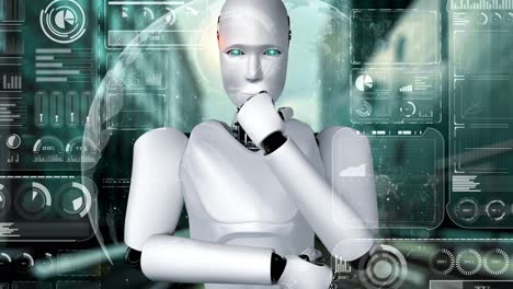 Pensamiento-Ai-Robot-Hominoide-Analizando-La-Pantalla-Del-Holograma-Que-Muestra-El-Concepto-De-Big-Data