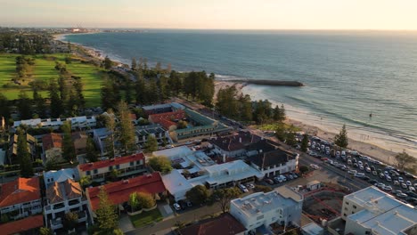 Aerial-view-of-the-famous-Cottesloe-Beach-on-the-Indian-Ocean-during-sunset,-Perth,-Western-Australia