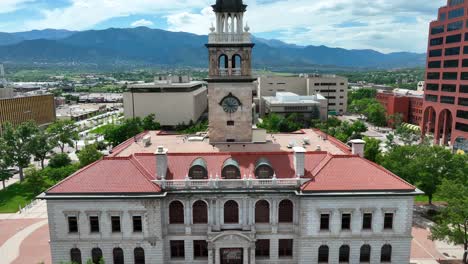 Aerial-rising-shot-of-iconic-building-in-downtown-Colorado-Springs,-CO