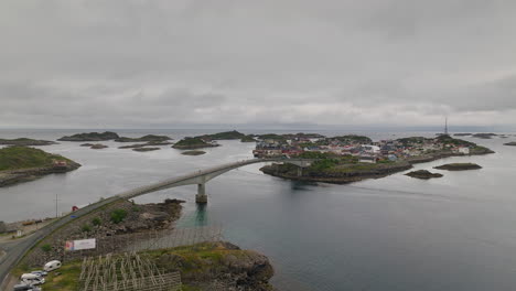 Aerial-establish-of-iconic-Henningsvaer-fishing-village-archipelago-of-islands,-Norway