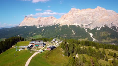 Ski-field-centre-and-majestic-mountain-scenery,-Pralongia,-Dolomites