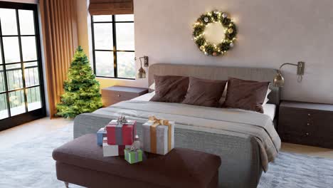 Modernes-Schlafzimmer-Mit-Weihnachtsgeschenken-Und-Dekorierter-Tanne-–-Vertikale-Inneneinrichtung