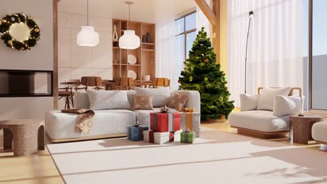 Stylish-living-room-and-kitchen-with-a-christmas-tree-and-gifts---Interior-render