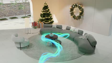 Leuchtende-Linie,-Die-Sich-Durch-Ein-Weihnachtlich-Geschmücktes-Wohnzimmer-Bewegt-–-VFX-Rendering