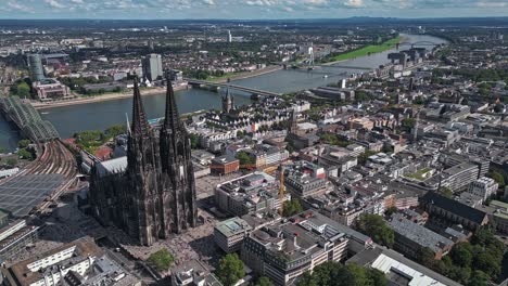 High-above-the-rest-of-the-city,-the-Twin-towers-of-Cologne-Cathedral